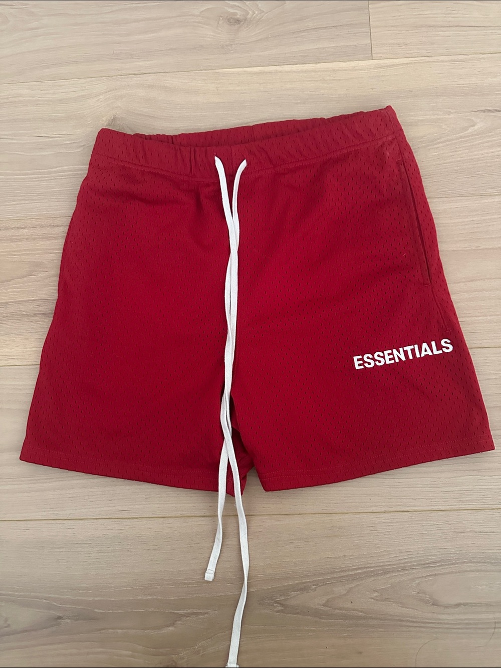 ESSENTIALS Red Mesh Athletic Shorts with White Drawcord